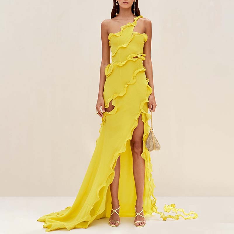 Yellow One Shoulder Asymmetrical Ruffle High Split Maxi Dress