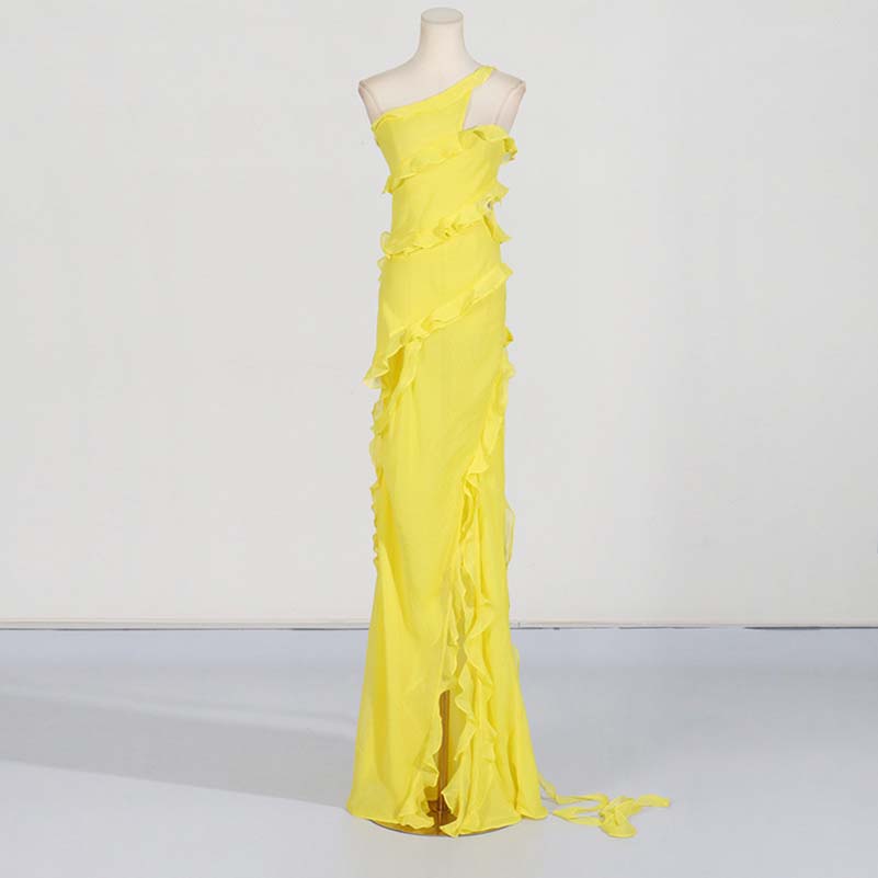 Yellow One Shoulder Asymmetrical Ruffle High Split Maxi Dress