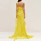 Yellow One Shoulder Asymmetrical Ruffle High Split Maxi Dress