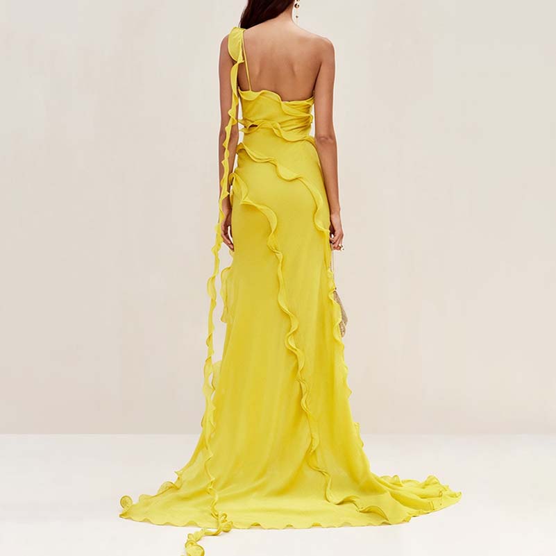 Yellow One Shoulder Asymmetrical Ruffle High Split Maxi Dress