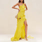 Yellow One Shoulder Asymmetrical Ruffle High Split Maxi Dress