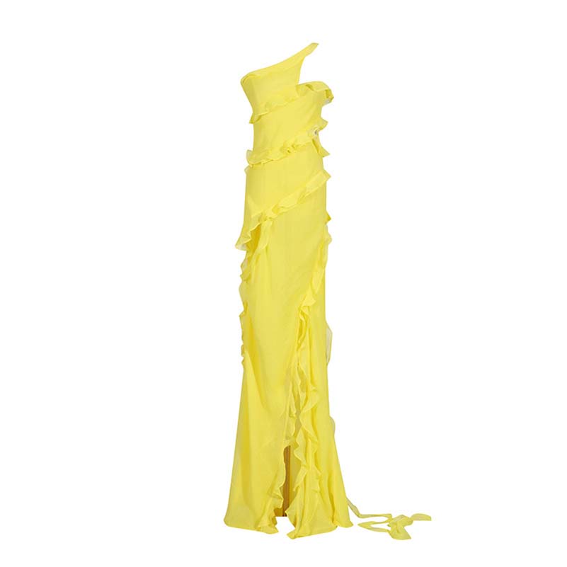 Yellow One Shoulder Asymmetrical Ruffle High Split Maxi Dress