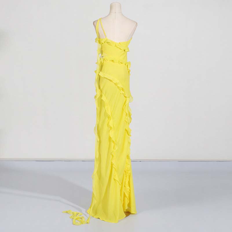 Yellow One Shoulder Asymmetrical Ruffle High Split Maxi Dress