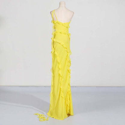 Yellow One Shoulder Asymmetrical Ruffle High Split Maxi Dress