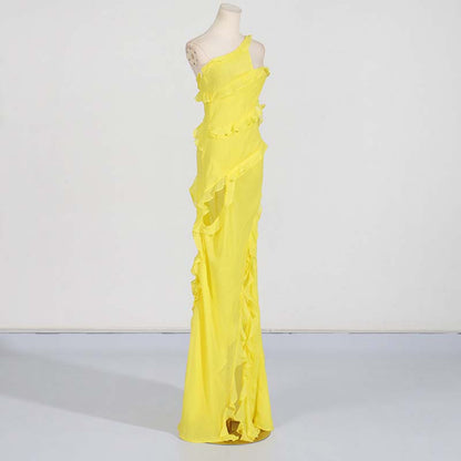 Yellow One Shoulder Asymmetrical Ruffle High Split Maxi Dress