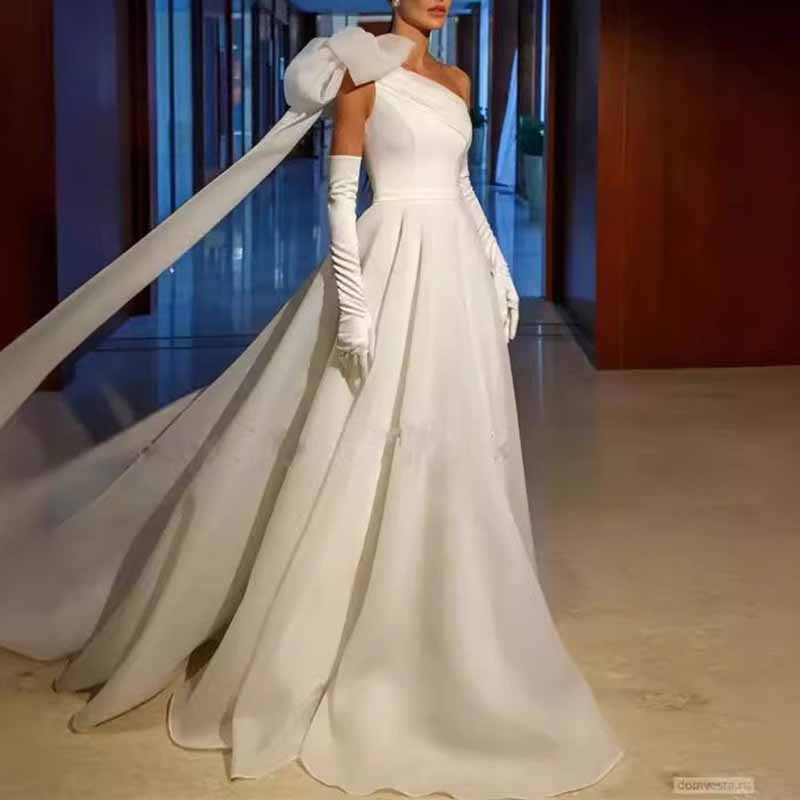 One Shoulder Bow Organza Bridal Gown Wedding Dress With Small Tail