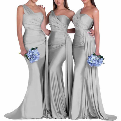 One Shoulder Satin Bridesmaid Dress – Mermaid Silhouette for Weddings & Events