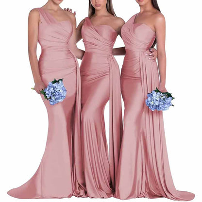 One Shoulder Satin Bridesmaid Dress – Mermaid Silhouette for Weddings & Events