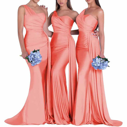 One Shoulder Satin Bridesmaid Dress – Mermaid Silhouette for Weddings & Events