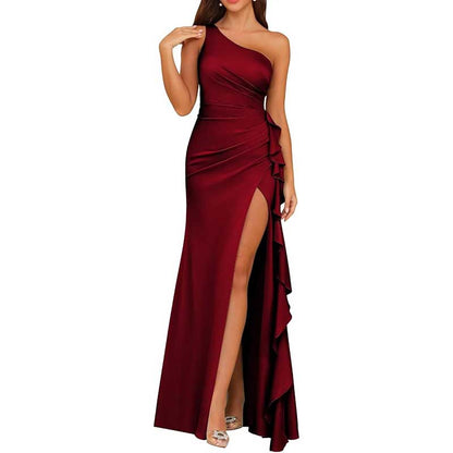 Single Shoulder Satin  Bridesmaid Dress High Split Formal Long Evening Dresses