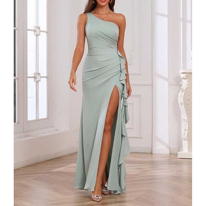Single Shoulder Satin  Bridesmaid Dress High Split Formal Long Evening Dresses