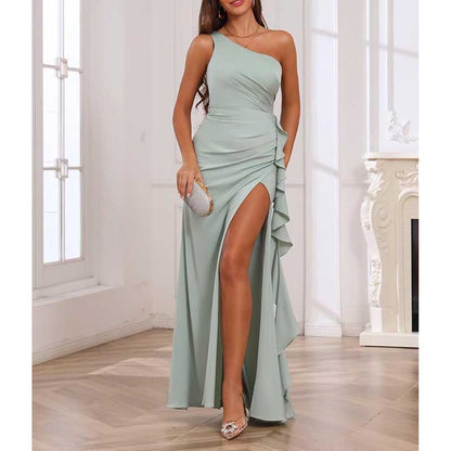 Single Shoulder Satin  Bridesmaid Dress High Split Formal Long Evening Dresses