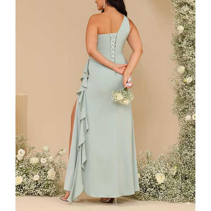 Single Shoulder Satin  Bridesmaid Dress High Split Formal Long Evening Dresses