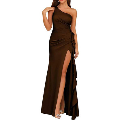Single Shoulder Satin  Bridesmaid Dress High Split Formal Long Evening Dresses