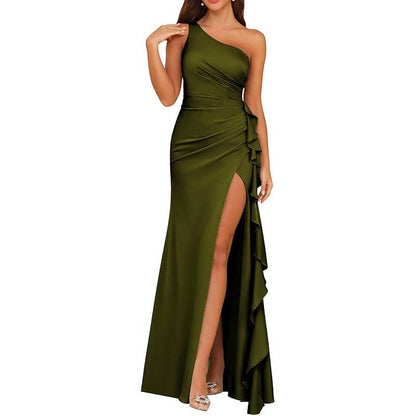 Single Shoulder Satin  Bridesmaid Dress High Split Formal Long Evening Dresses