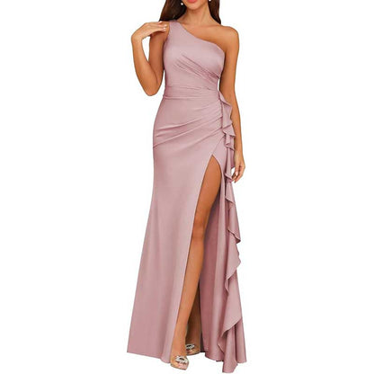 Single Shoulder Satin  Bridesmaid Dress High Split Formal Long Evening Dresses