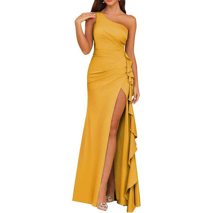 Single Shoulder Satin  Bridesmaid Dress High Split Formal Long Evening Dresses