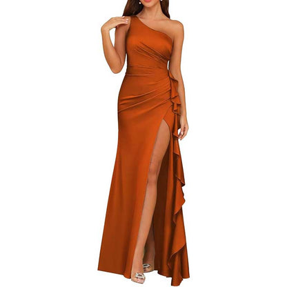 Single Shoulder Satin  Bridesmaid Dress High Split Formal Long Evening Dresses