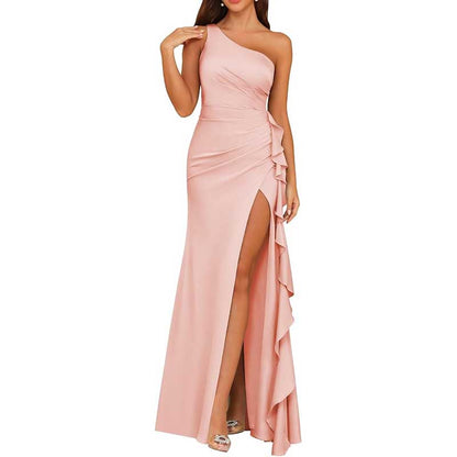 Single Shoulder Satin  Bridesmaid Dress High Split Formal Long Evening Dresses