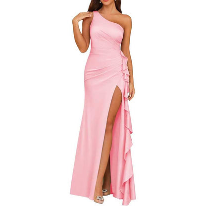 Single Shoulder Satin  Bridesmaid Dress High Split Formal Long Evening Dresses