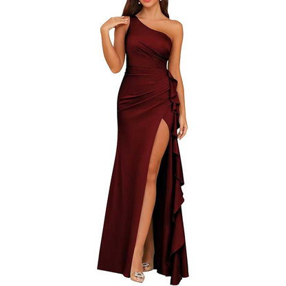 Single Shoulder Satin  Bridesmaid Dress High Split Formal Long Evening Dresses