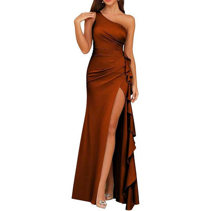 Single Shoulder Satin  Bridesmaid Dress High Split Formal Long Evening Dresses