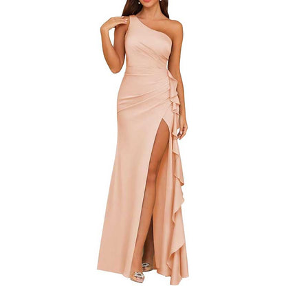 Single Shoulder Satin  Bridesmaid Dress High Split Formal Long Evening Dresses