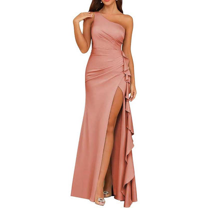 Single Shoulder Satin  Bridesmaid Dress High Split Formal Long Evening Dresses