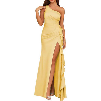 Single Shoulder Satin  Bridesmaid Dress High Split Formal Long Evening Dresses