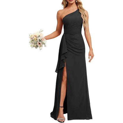 One Shoulder Long Bridesmaid Dresses Pleated A-Line Wedding Guest Outfit Prom Dresses
