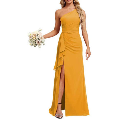 One Shoulder Long Bridesmaid Dresses Pleated A-Line Wedding Guest Outfit Prom Dresses
