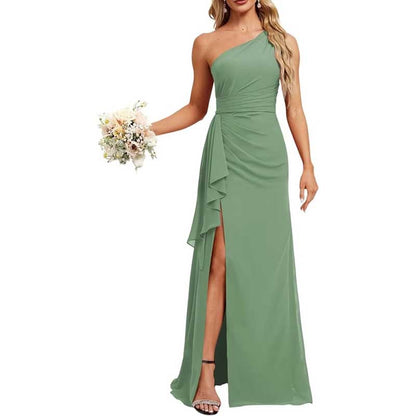 One Shoulder Long Bridesmaid Dresses Pleated A-Line Wedding Guest Outfit Prom Dresses