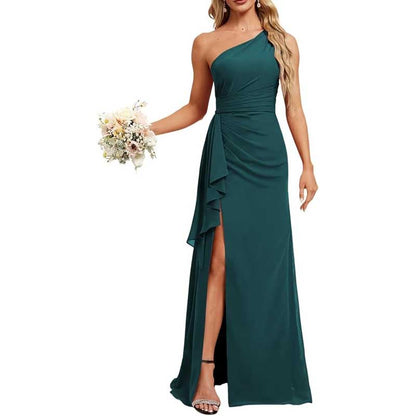One Shoulder Long Bridesmaid Dresses Pleated A-Line Wedding Guest Outfit Prom Dresses