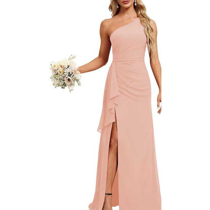 One Shoulder Long Bridesmaid Dresses Pleated A-Line Wedding Guest Outfit Prom Dresses
