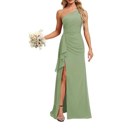 One Shoulder Long Bridesmaid Dresses Pleated A-Line Wedding Guest Outfit Prom Dresses