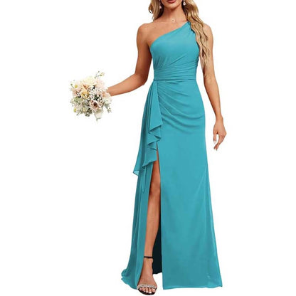 One Shoulder Long Bridesmaid Dresses Pleated A-Line Wedding Guest Outfit Prom Dresses