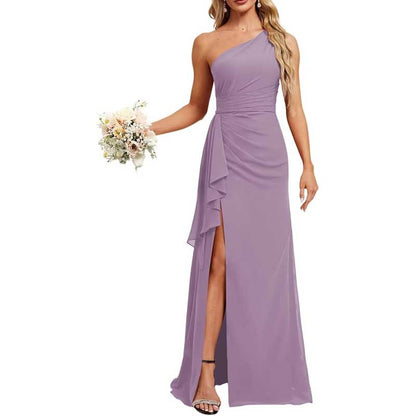 One Shoulder Long Bridesmaid Dresses Pleated A-Line Wedding Guest Outfit Prom Dresses