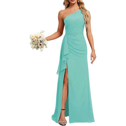 One Shoulder Long Bridesmaid Dresses Pleated A-Line Wedding Guest Outfit Prom Dresses