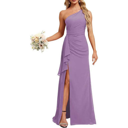 One Shoulder Long Bridesmaid Dresses Pleated A-Line Wedding Guest Outfit Prom Dresses