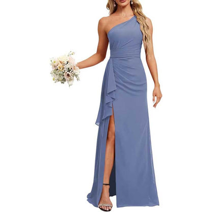 One Shoulder Long Bridesmaid Dresses Pleated A-Line Wedding Guest Outfit Prom Dresses