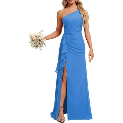 One Shoulder Long Bridesmaid Dresses Pleated A-Line Wedding Guest Outfit Prom Dresses
