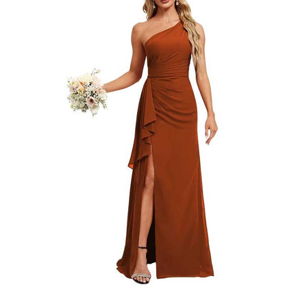 One Shoulder Long Bridesmaid Dresses Pleated A-Line Wedding Guest Outfit Prom Dresses