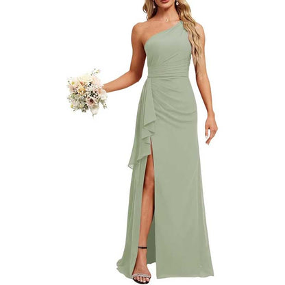 One Shoulder Long Bridesmaid Dresses Pleated A-Line Wedding Guest Outfit Prom Dresses