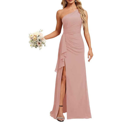 One Shoulder Long Bridesmaid Dresses Pleated A-Line Wedding Guest Outfit Prom Dresses