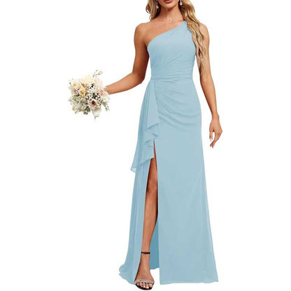One Shoulder Long Bridesmaid Dresses Pleated A-Line Wedding Guest Outfit Prom Dresses