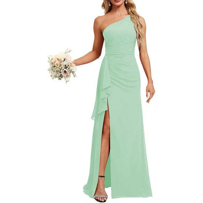 One Shoulder Long Bridesmaid Dresses Pleated A-Line Wedding Guest Outfit Prom Dresses