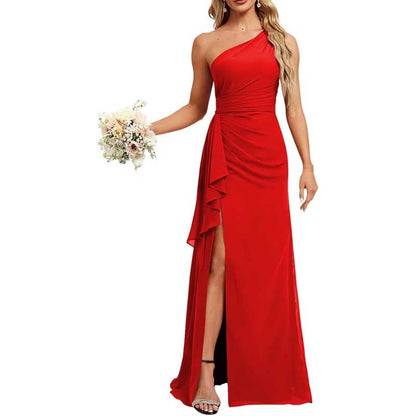 One Shoulder Long Bridesmaid Dresses Pleated A-Line Wedding Guest Outfit Prom Dresses