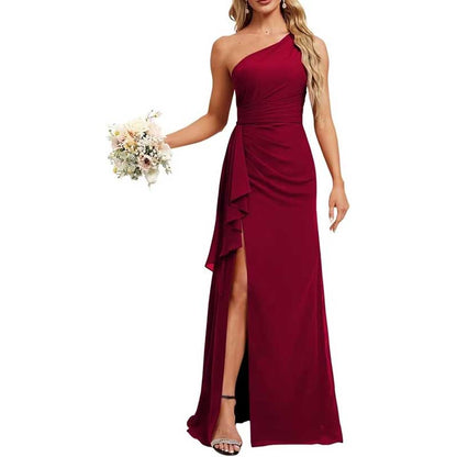 One Shoulder Long Bridesmaid Dresses Pleated A-Line Wedding Guest Outfit Prom Dresses