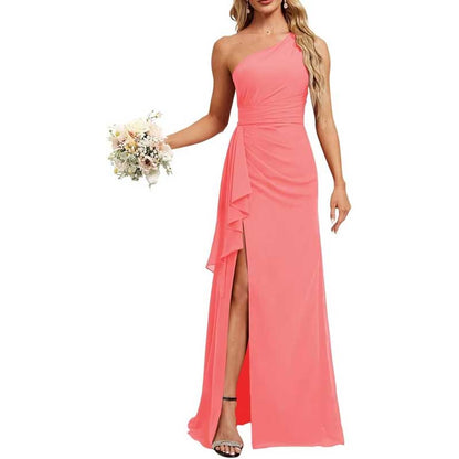 One Shoulder Long Bridesmaid Dresses Pleated A-Line Wedding Guest Outfit Prom Dresses