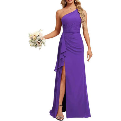 One Shoulder Long Bridesmaid Dresses Pleated A-Line Wedding Guest Outfit Prom Dresses